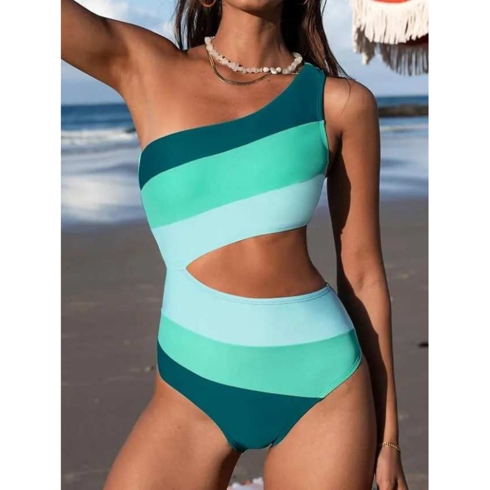 CUPSHE one shoulder cutout one piece swimsuit green color block Size Large